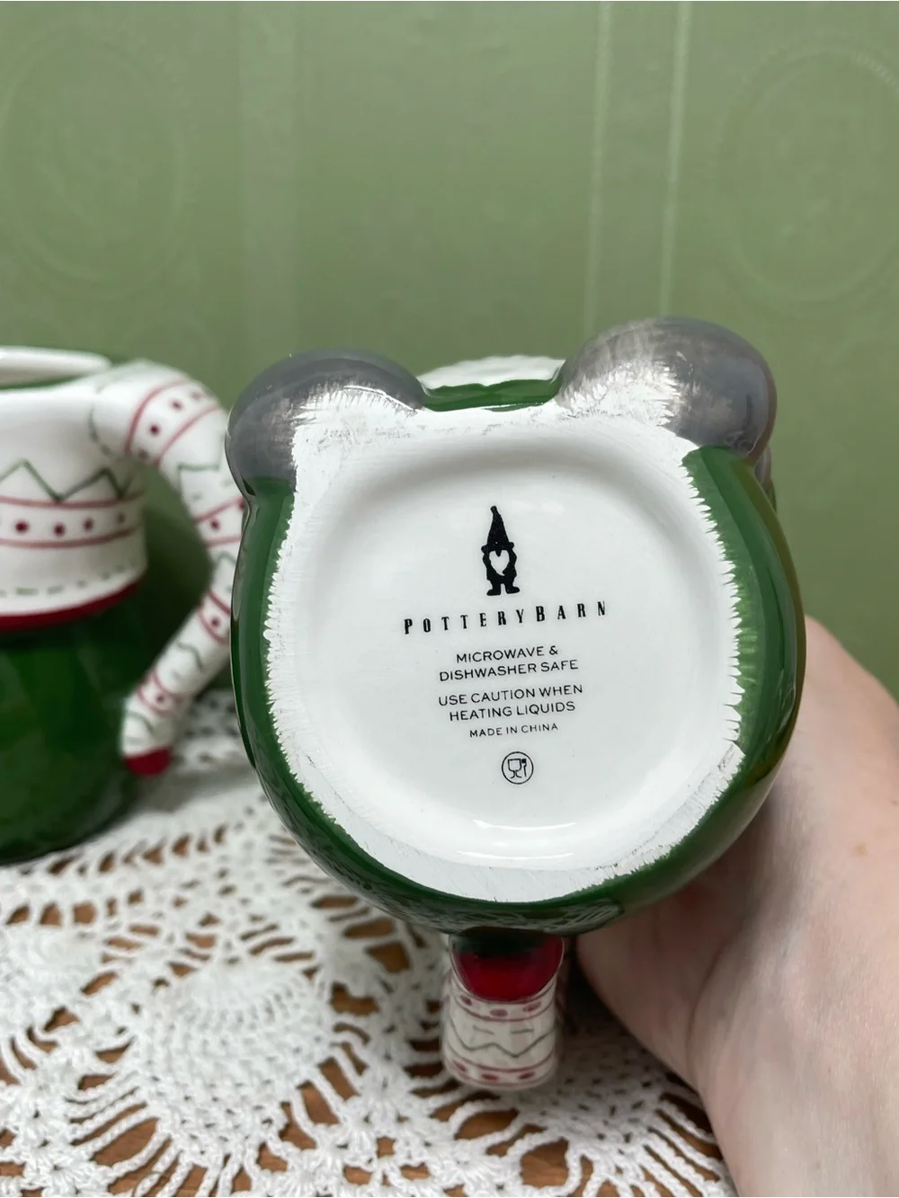 Pottery Barn Festive Gnome Mug Holiday Christmas Green Set Of 2